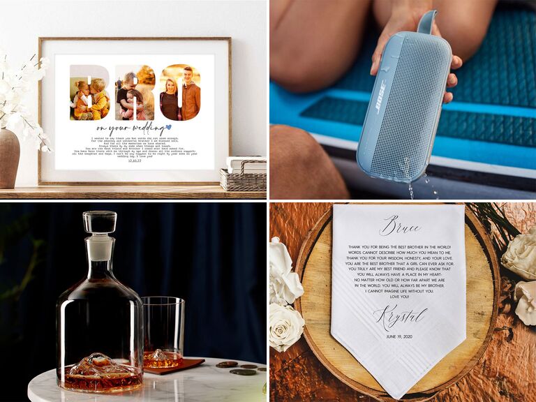 Collage of various gifts for brothers, including glass tumblers, a pizza oven, a photo, and charging tray. 