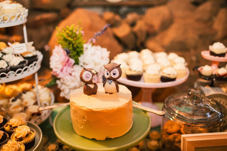 “One of the most personal pieces that stood out was our cake topper -- a homage to Ryan's grandmother and her love of owls. The owls were actually vintage salt and pepper shakers restored and redesigned by my best friend, who designed our super shabby-chic dessert table as well,” Chi says.