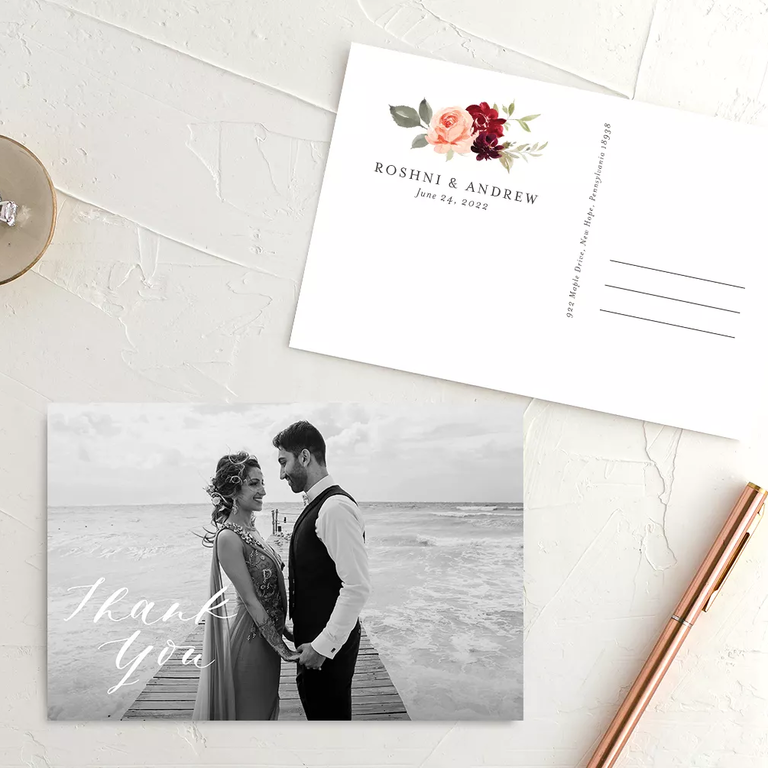 Vibrant floral thank-you postcards from The Knot
