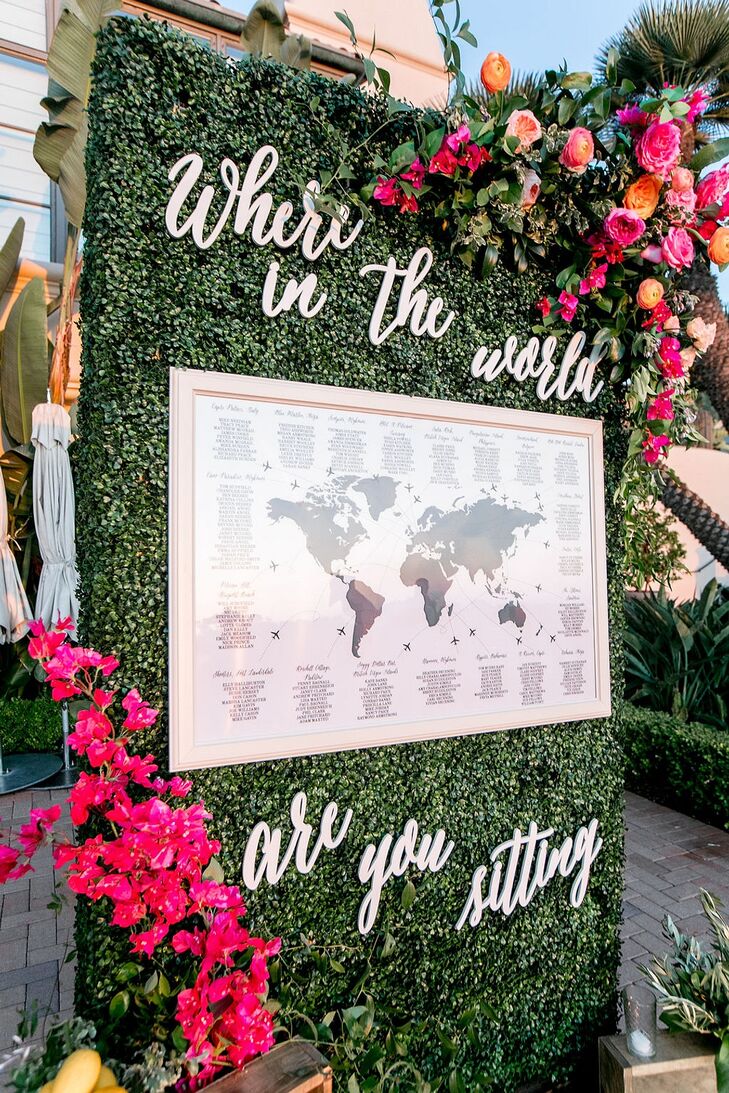 Modern Seating Chart Map with Flower Wall and Signage