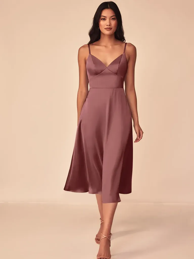 Amethyst strapless v-neck satin midi bridesmaid dress