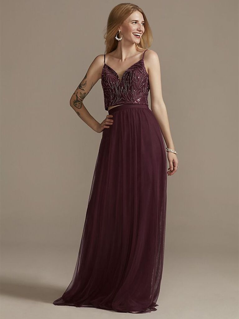 Burgundy spaghetti strap beaded two piece dress with tulle skirt