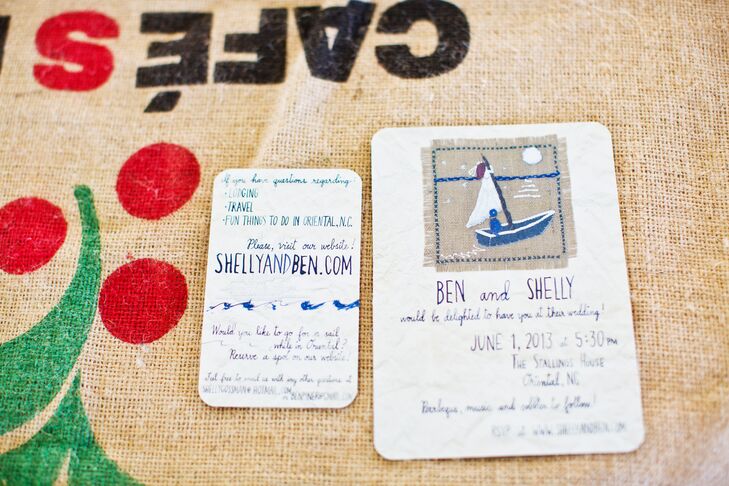The bride’s mother created and sewed an image on burlap of a bride and groom in a sailboat—with the bride's dress as the sail. This image was used for the wedding invites and the original was displayed on a tree at the reception.