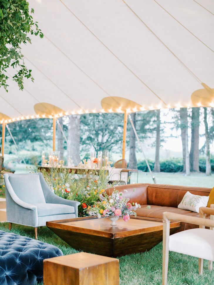 Lounge Space at Tented Reception With Eclectic Sofa and Chairs, Wildflowers