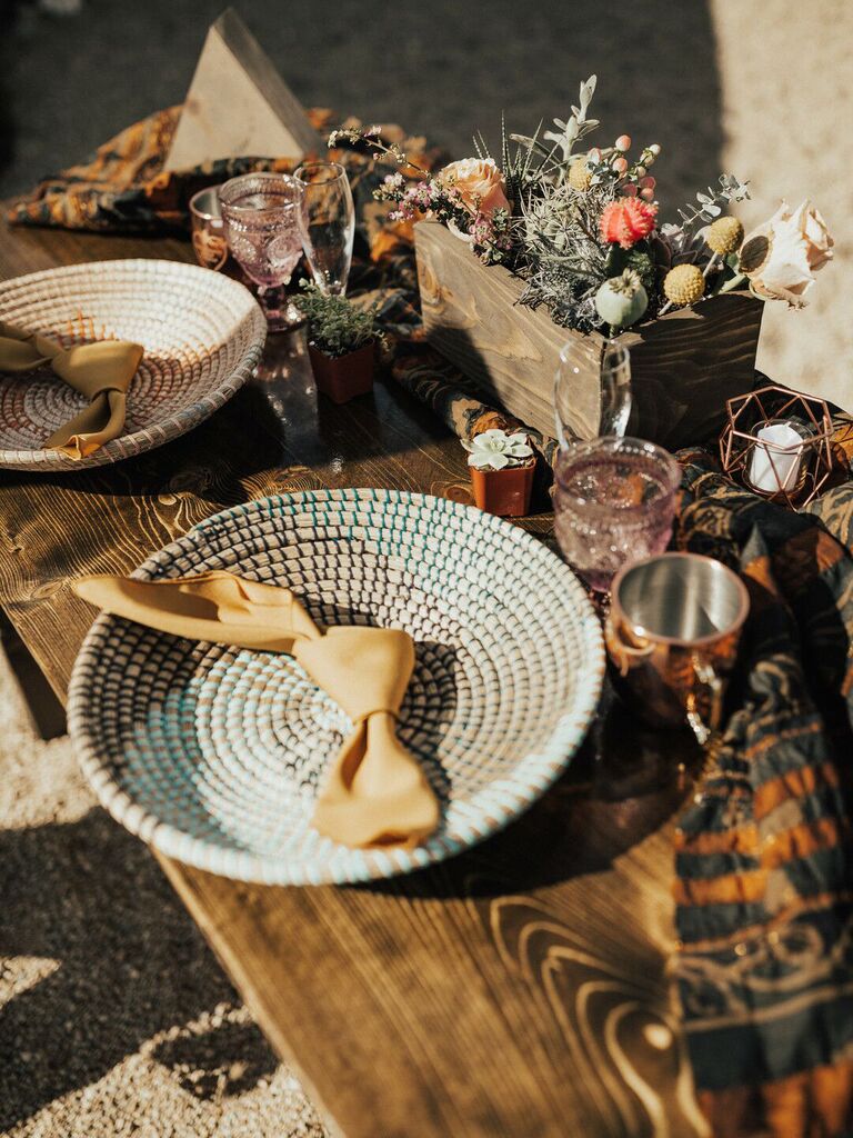70s themed wedding orange and teal table setting
