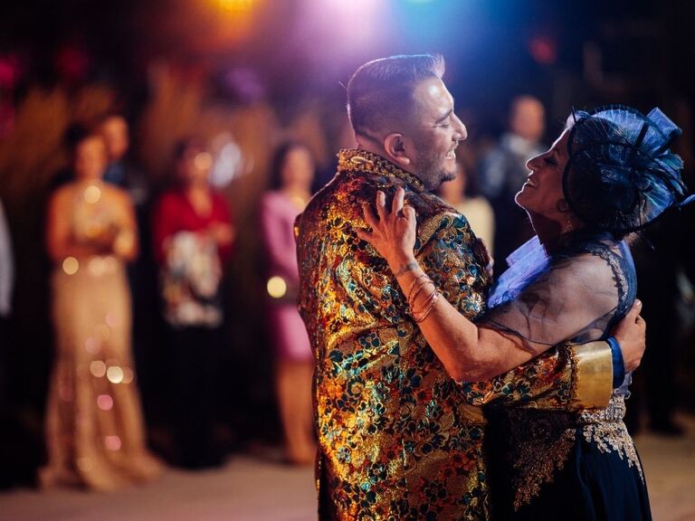 mother and son dancing at wedding reception