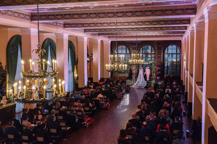 Guests Seated in Historic Los Angeles Venue at Jewish Wedding Ceremony, Chandeliers, Chuppah