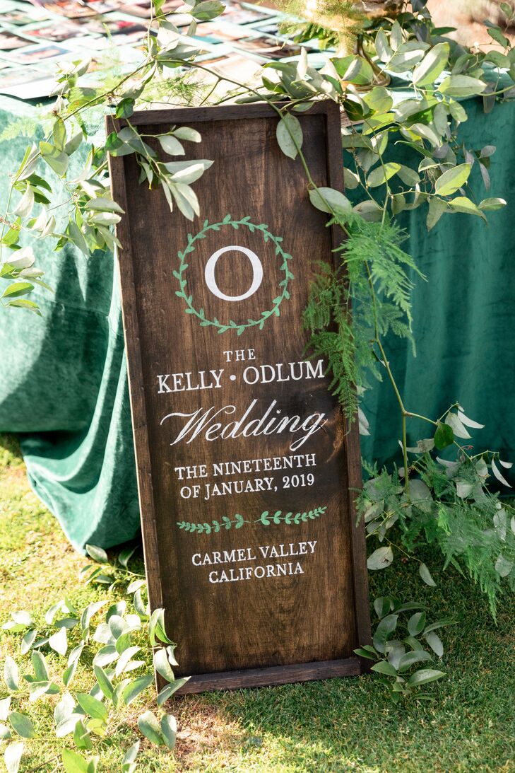 Rustic Wood Sign with White Calligraphy and Monogram