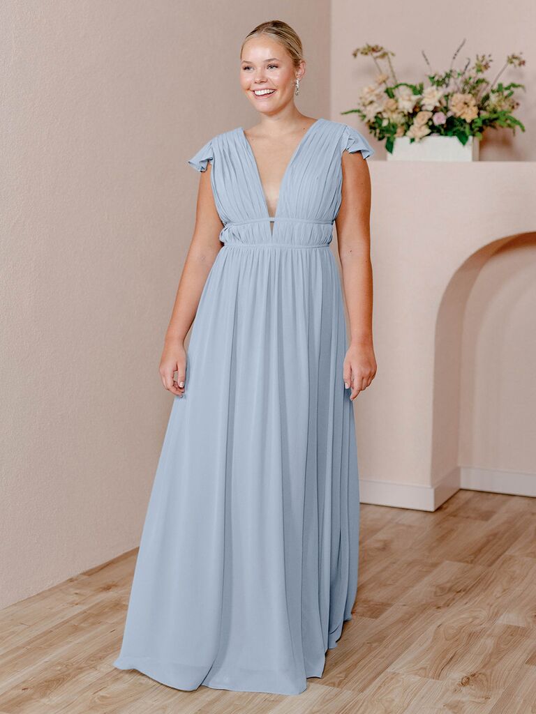 Model wears a sky-blue chiffon dress. 
