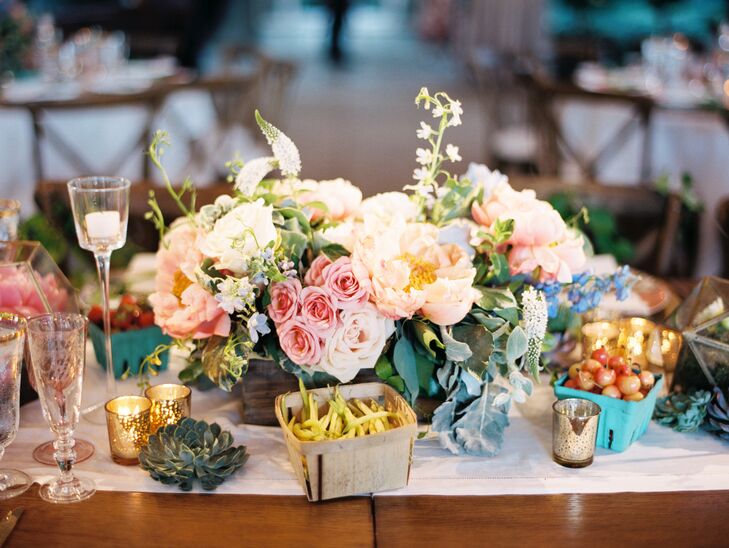 Gold Terrariums, Wood Planters and Mismatched China Topped FarmTables