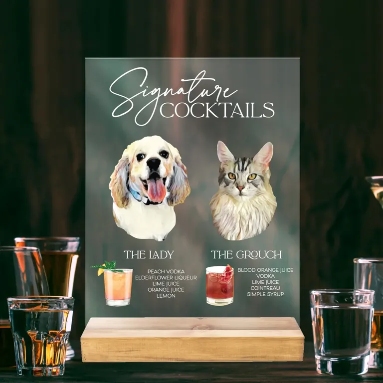 Signature cocktails acrylic bar sign with images of pets faces for wedding