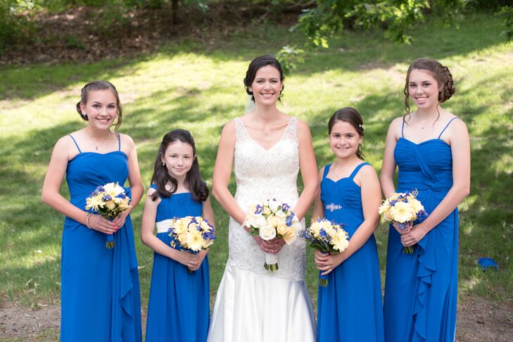 Katie and Steve’s daughters and nieces made up Katie’s bridal party. When it came to choosing dresses for the wedding day, Katie took all the girls to Blushing Bride to find the perfect frock. Bill Levkoff’s line of bridesmaid dresses offered an extensive variety of styles for the girls to choose from and Katie had them all choose a gown that they loved in a bright horizon blue hue. “Since all the girls are different ages, ranging from 8 to 15, each chose a different style that best suited them,” Katie says. “It worked out beautifully.”