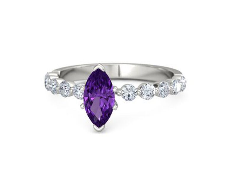 gemvara amethyst engagement ring with marquise cut amethyst claw prongs and round moissanite and white gold band 