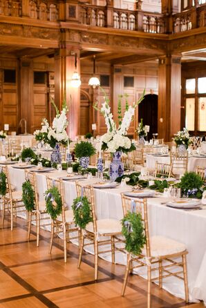 White Dining Table with Chiavari Chairs and Greenery