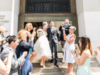 Bride and groom civil ceremony bubble exit.
