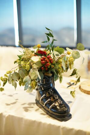 Ski Boot Centerpiece with Greenery