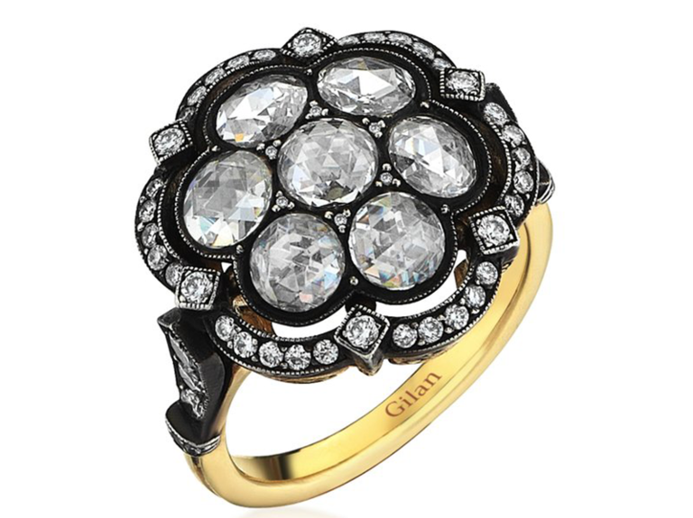 Cluster rose cut diamonds surrounded by smaller diamonds on black setting