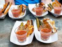 Mini grilled cheese appetizer with gazpacho shooters