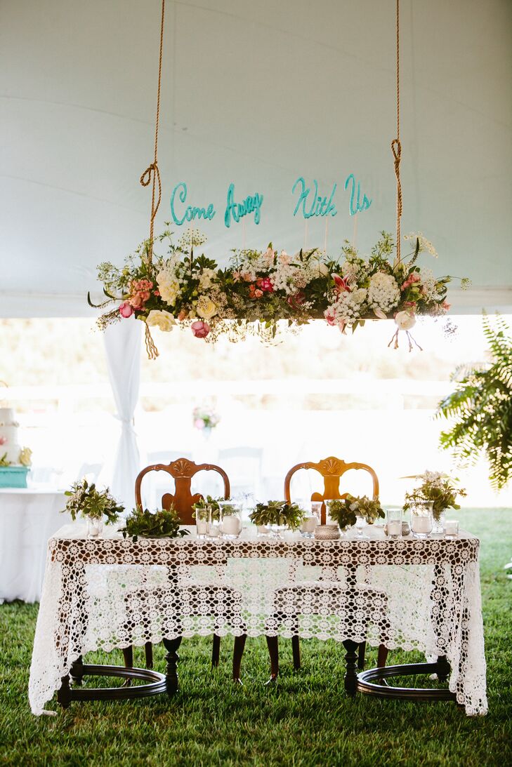 The couple used Meg's great grandmothers' dining room table as their sweetheart table as well as a lace tablecloth she had crocheted.