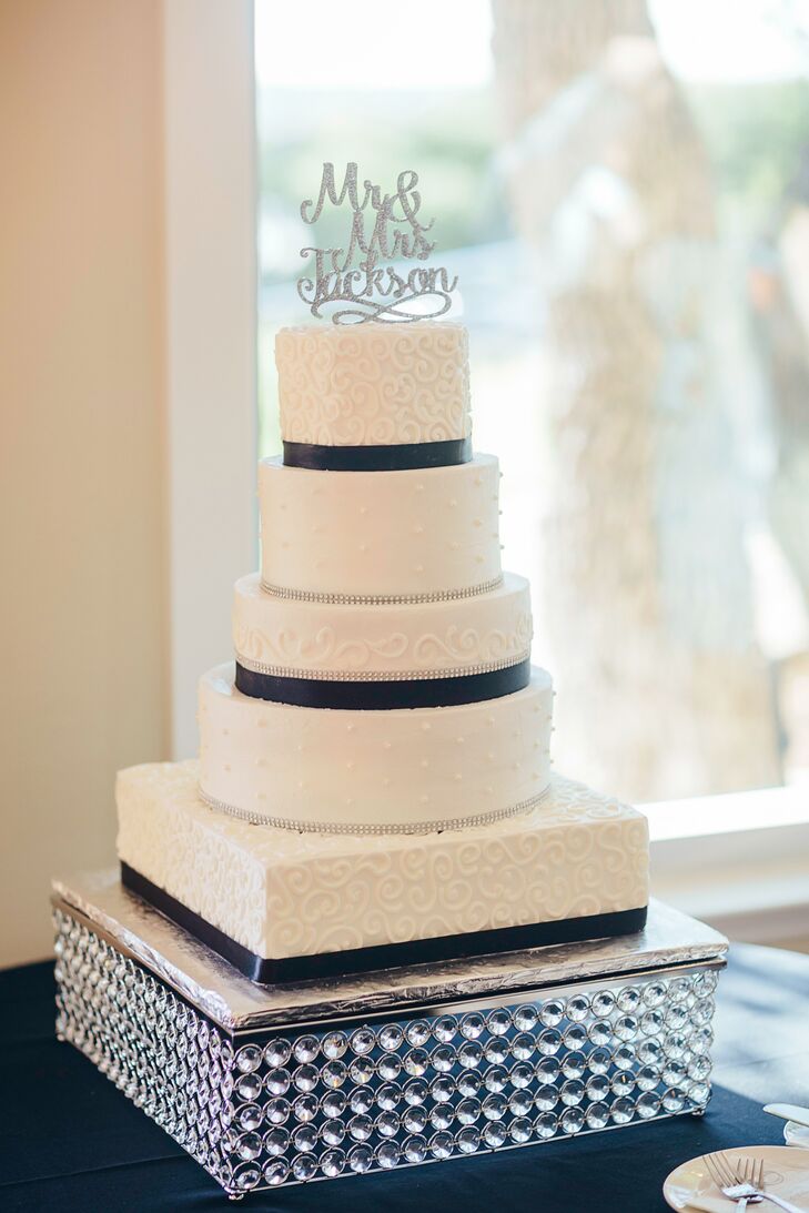 Black-and-White Cake with Sequined Cake Topper and Sparkly Cake Stand