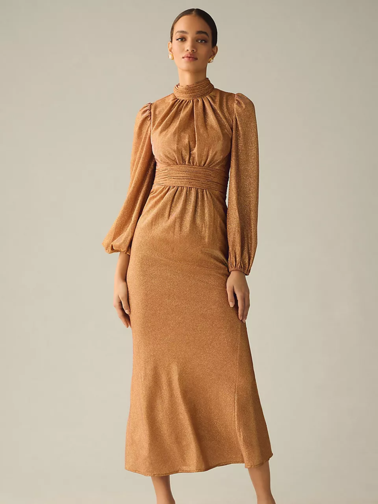 Gold wedding guest cocktail dress from Mac Duggal