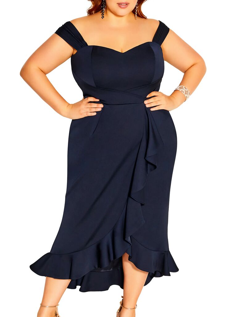fit and flare navy blue dress with ruffle skirt