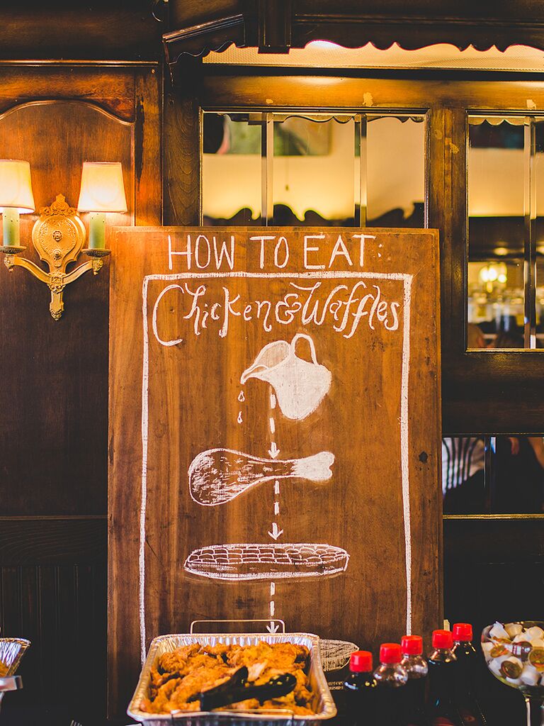 Southern wedding food idea with a chicken and waffles food station