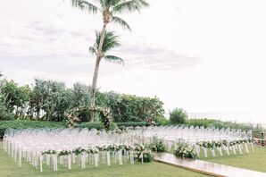 Wedding Ceremony Decor, Including Lucite Chairs With Greenery and Roses