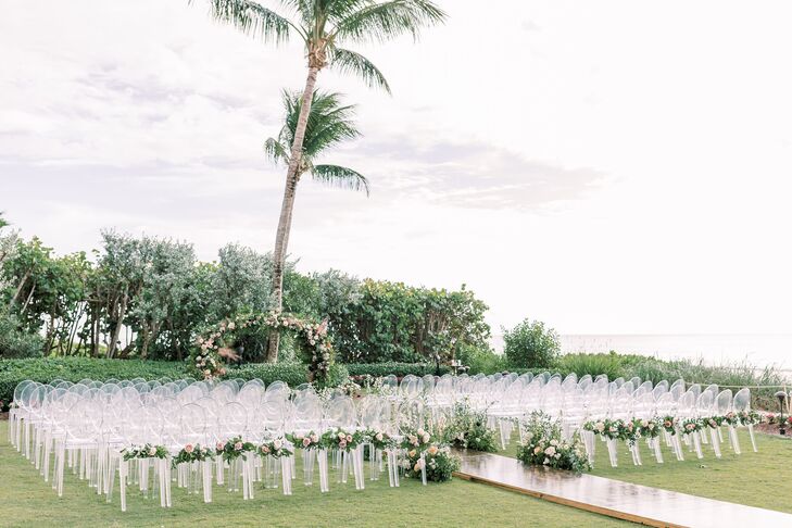 Wedding Ceremony Decor, Including Lucite Chairs With Greenery and Roses