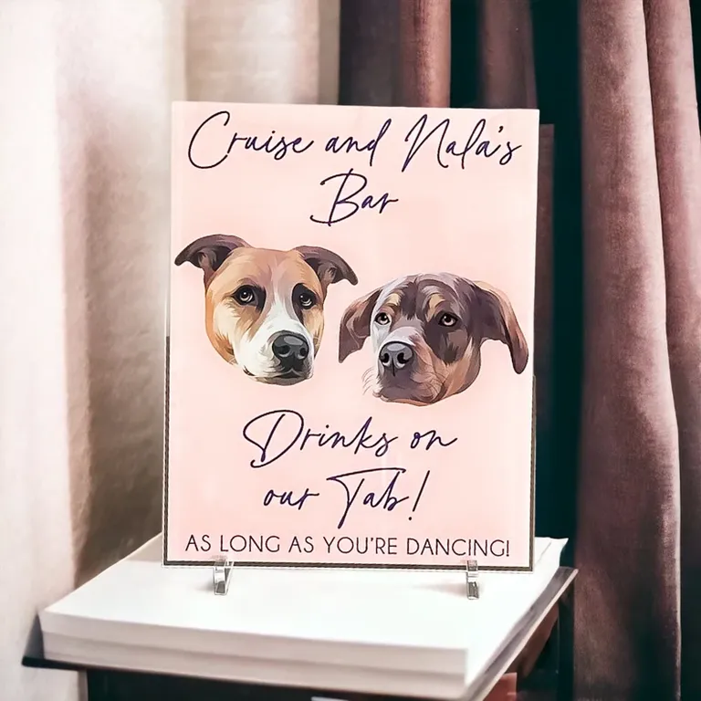 Custom pink bar sign with painted dogs faces for wedding