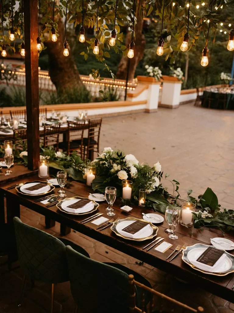 Long Head Table With Hanging Installation of Edison Lights, Hanging Greenery and Floral Runners