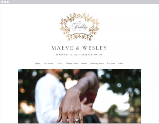A white website with “the wedding of” at the top in black script surrounded by gold floral details. Below that are the couple’s names, wedding details and a photo.