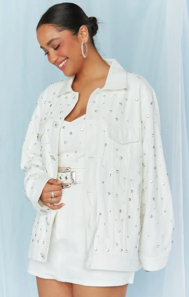 rhinestone studded white denim jacket
