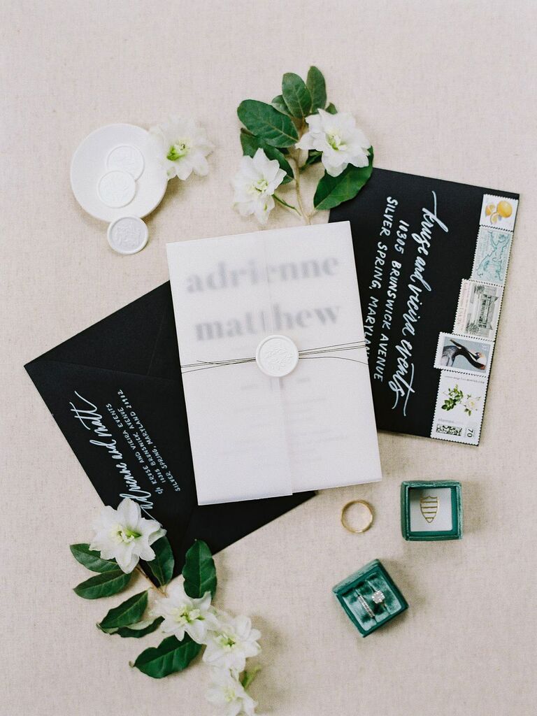 Black and white modern wedding invitation suite flat lay