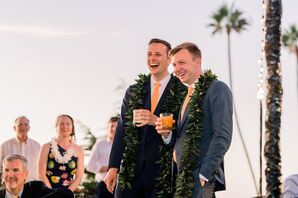 Modern, Tropical Toast with Couple in Greenery Leis