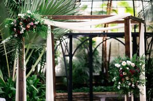 Wood Mandap with Linens and Flowers