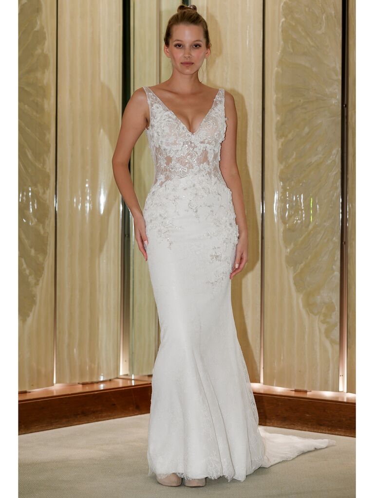 Randy Fenoli Fall 2019 Bridal Collection trumpet wedding dress with beaded v-neck bodice and lace skirt