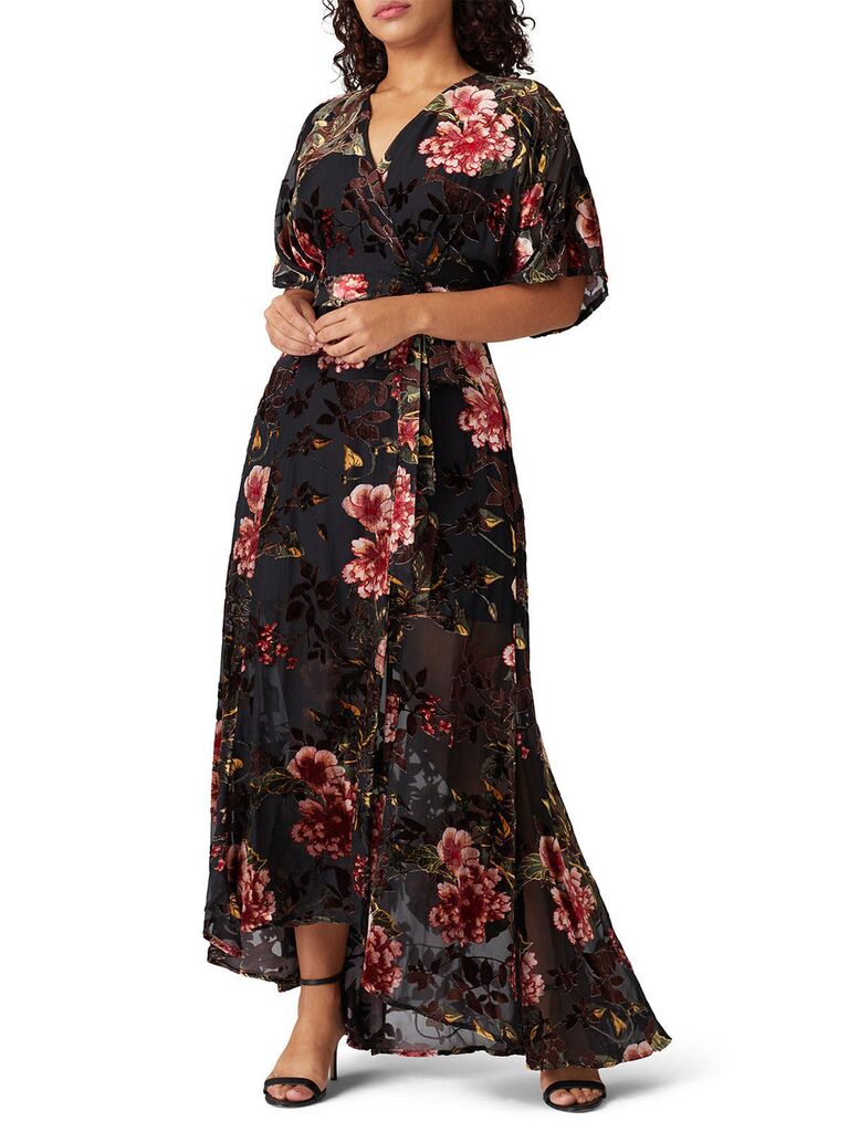 Hutch black floral velvet wedding guest dress for winter or fall wedding