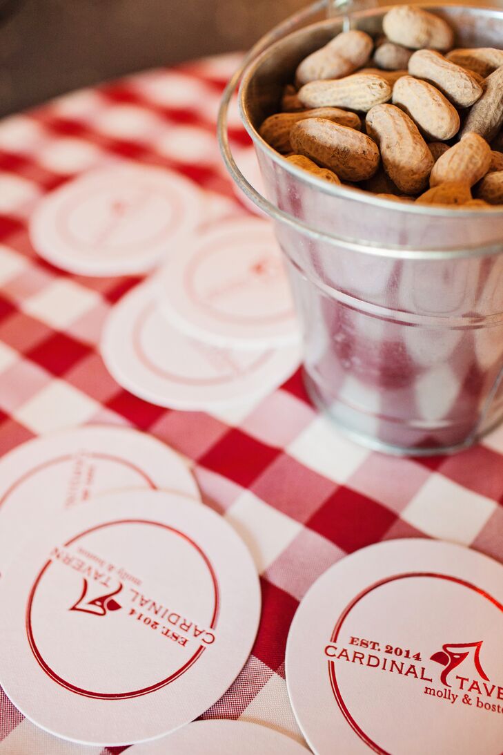 Paperista made red and white coasters for the cocktail hour. They were the perfect touch to the couple's love of craft beer. Since Molly and Boston lovingly dubbed their party the Cardinal Tavern, they had cardinal motifs and cardinal figurines all over the room.