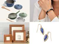 Four 9-year anniversary gift ideas: pots and pans, leather bracelet, lapis earrings, willow photo frames