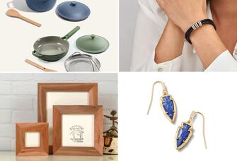 Four 9-year anniversary gift ideas: pots and pans, leather bracelet, lapis earrings, willow photo frames