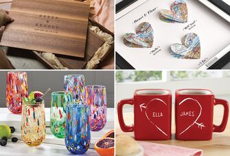 Collage of various Etsy wedding gifts, including a memory box, wall art, glasses, and personalized mugs. 