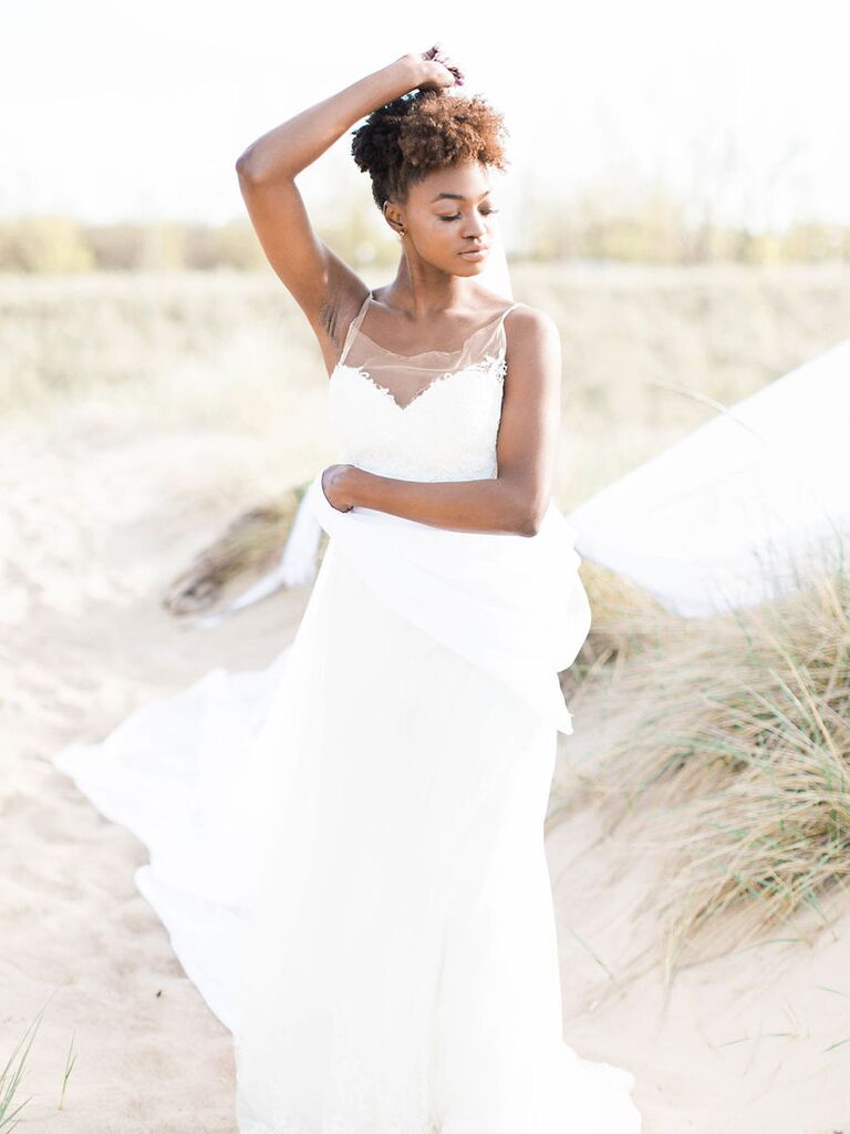 wedding dress with lace and illusion neckline
