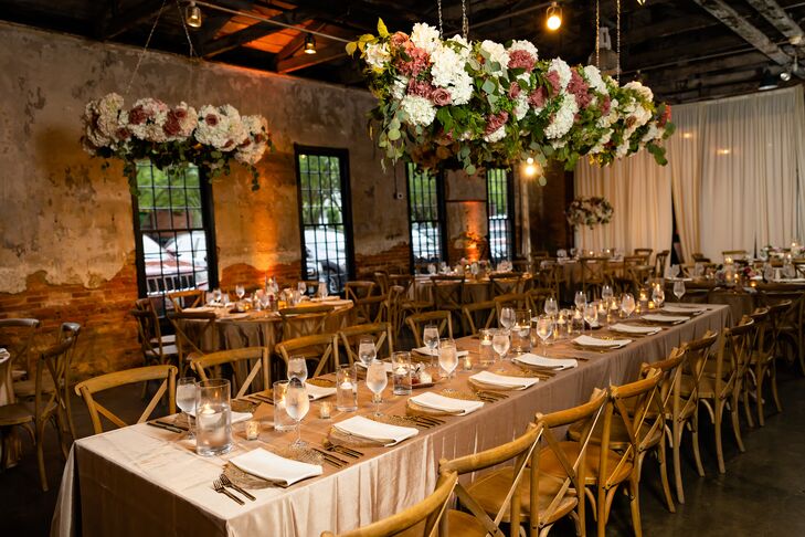 Wedding Reception With Floral Chandelier at Mt. Washington Mill Dye House in Baltimore, Maryland