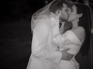 Black-and-White Photo of Bride With Off-the-Shoulder Long Sleeves, Groom Under Veil