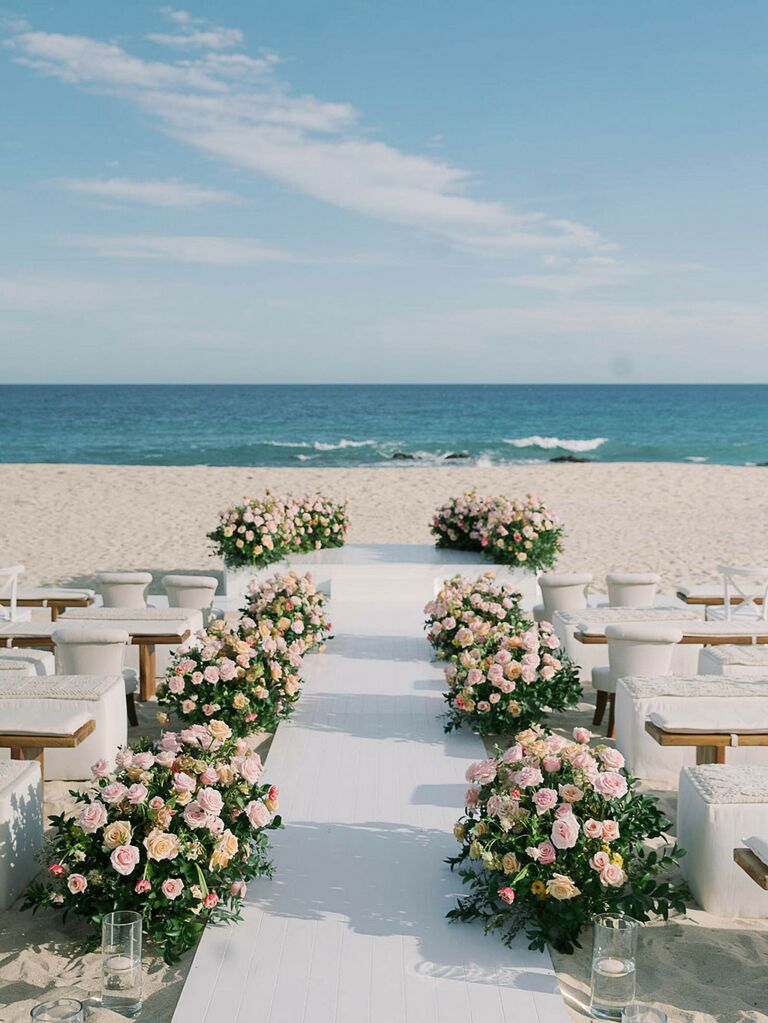Ceremony aisle at destination beach wedding in Cabo San Lucas, Mexico