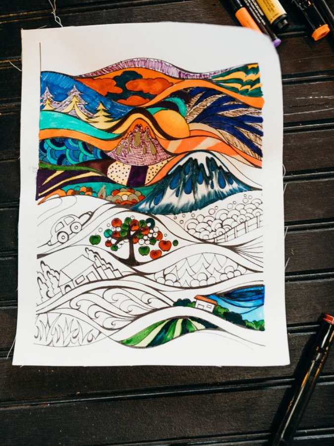 Quilt square colored in with fabric pens