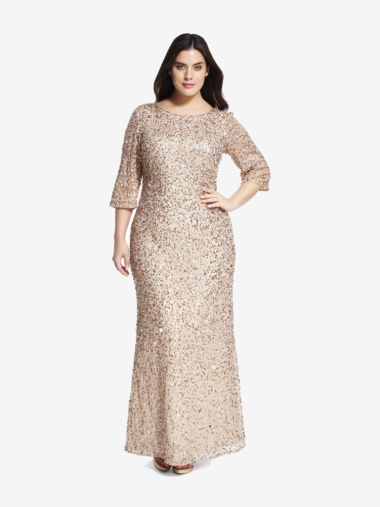 Plus-size champagne gold sequin mother-of-the-bride gown from Adrianna Papell
