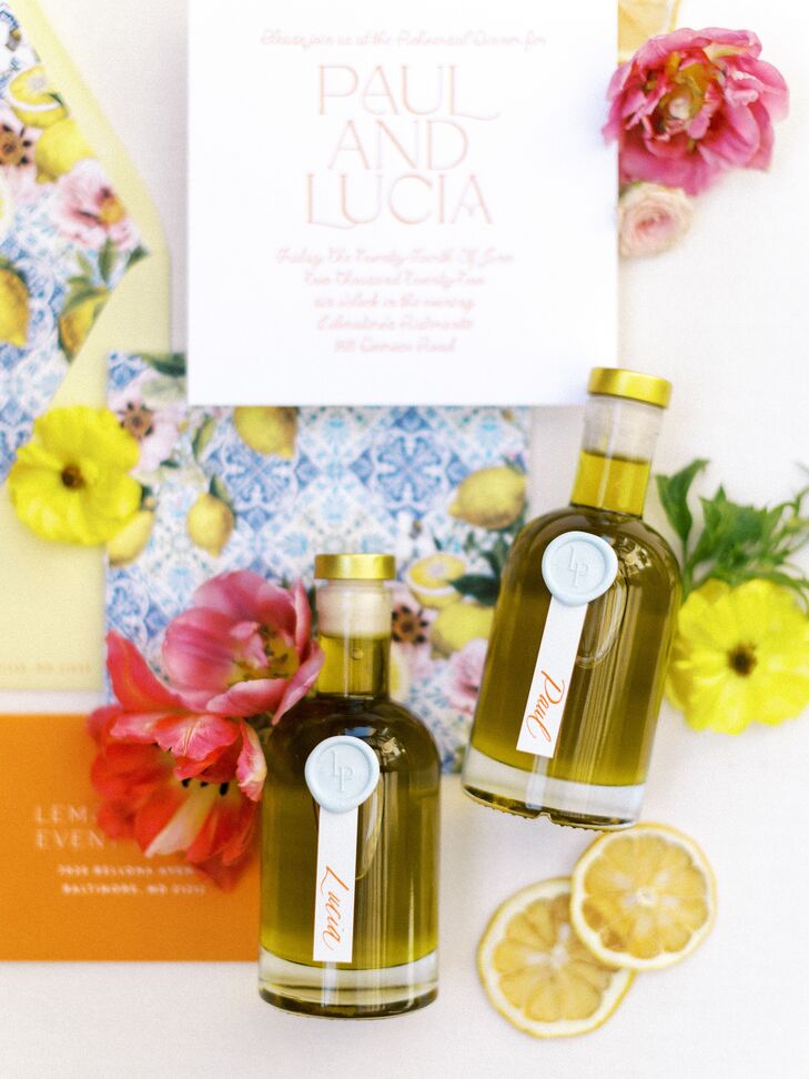 Personalized Olive Oil Bottles as Favors for Italian-Themed Rehearsal Dinner