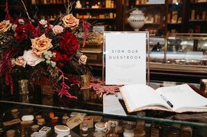 Classic Guest Book, Centerpiece With Red, Burgundy, White and Champagne Colored Flowers